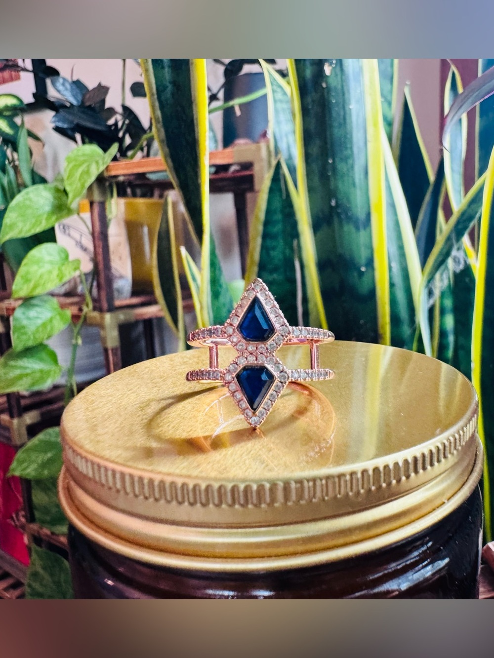 Bomb Party Rose Gold Blue CZ Statement Ring Size 10